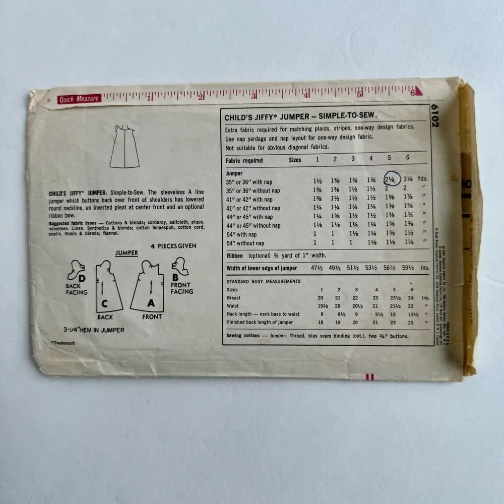 Vtg 1965 Simplicity 6102 Child's Jiffy Dress Jumper Pattern Easy Pattern Size 5